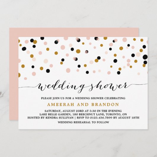 Roze, gouden en zwarte Confetti Stippen Weddenscha Kaart (Voorkant / Achterkant)