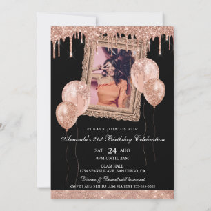 Roze Gouden en Zwarte Glitter Druppel Fotolijst Kaart