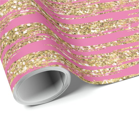 Roze Gouden Faux Glitter Stripes Cadeaupapier (Rol Hoek)