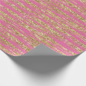 Roze Gouden Faux Glitter Stripes Cadeaupapier (Hoek)