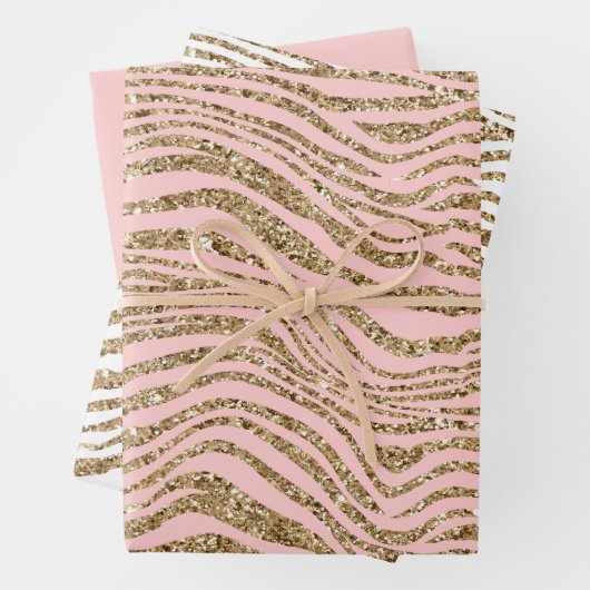 Roze Gouden Faux Glitter Zebra Print Inpakpapier Vel (In situ)