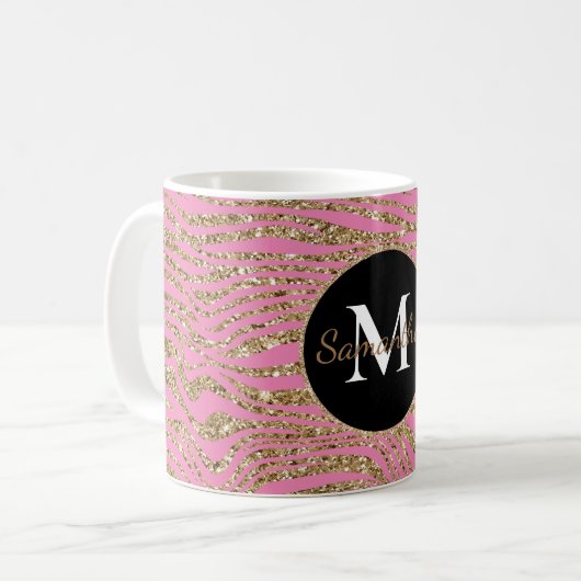 Roze Gouden Faux Glitter Zebra Print Koffiemok (Voorkant links)