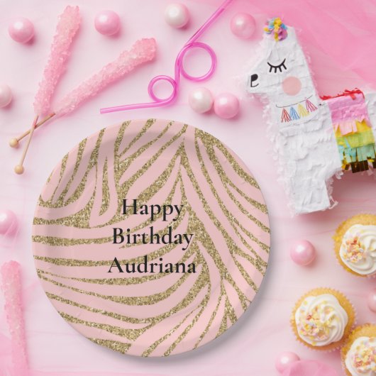 Roze Gouden Faux Glitter Zebra Print Papieren Bordje (Feest)