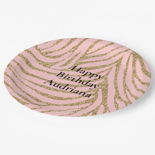 Roze Gouden Faux Glitter Zebra Print Papieren Bordje (Gekanteld)