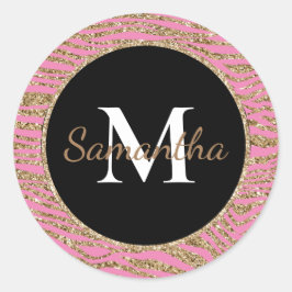 Roze Gouden Faux Glitter Zebra Print Ronde Sticker