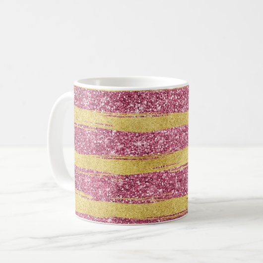 Roze Gouden Faux Glittery Strepen Koffiemok (Voorkant links)