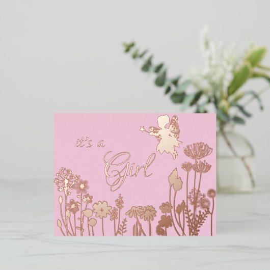 Roze | Gouden Fee het is een Meisje Geboorteaankon Folie Uitnodiging Briefkaart (Staand Voorkant)