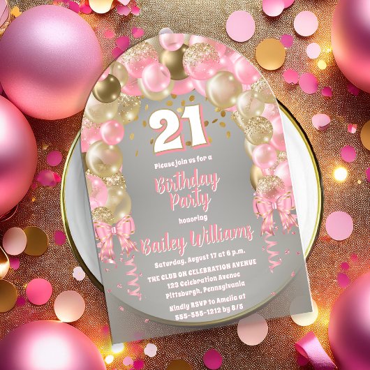 Roze gouden feestballonnen 21ste verjaardagsfeest acryl uitnodigingen