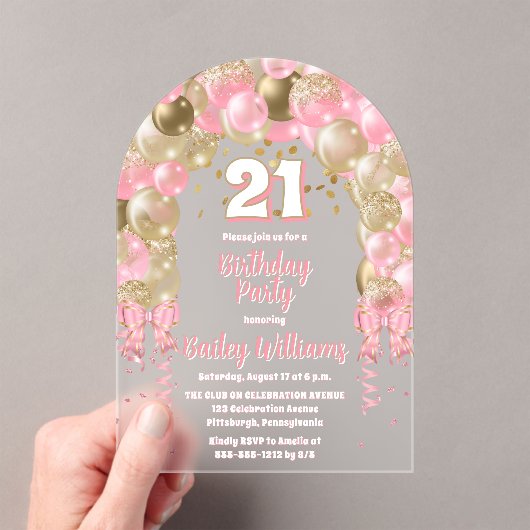 Roze gouden feestballonnen 21ste verjaardagsfeest acryl uitnodigingen (Insitu (Draagbaar))