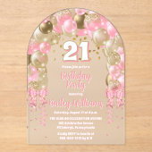 Roze gouden feestballonnen 21ste verjaardagsfeest acryl uitnodigingen (Voorkant)