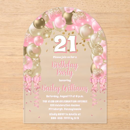 Roze gouden feestballonnen 21ste verjaardagsfeest acryl uitnodigingen (Voorkant)