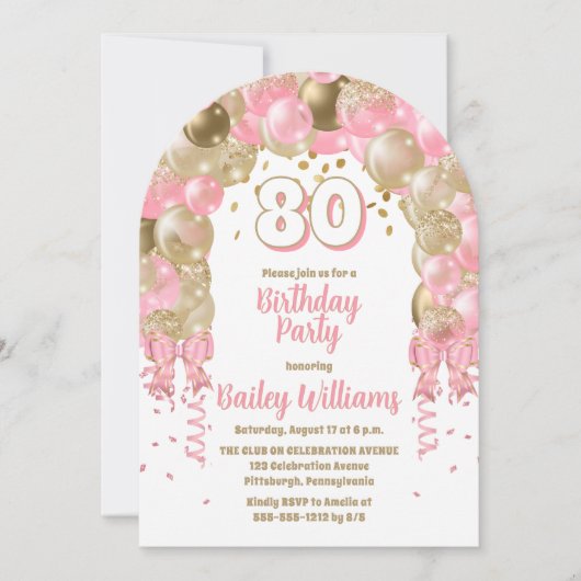 Roze gouden feestballonnen 80ste verjaardagsfeest kaart (Voorkant)