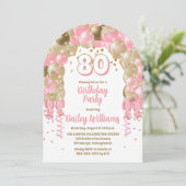 Roze gouden feestballonnen 80ste verjaardagsfeest kaart (Staand voorkant)