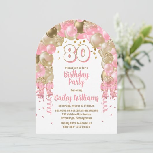Roze gouden feestballonnen 80ste verjaardagsfeest kaart (Staand voorkant)