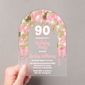 Roze gouden feestballonnen 90ste verjaardagsfeest acryl uitnodigingen (Insitu (Draagbaar))