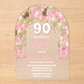 Roze gouden feestballonnen 90ste verjaardagsfeest acryl uitnodigingen (Voorkant)