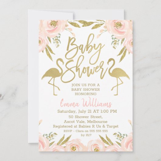 Roze Gouden Flamingo Baby Shower Uitnodiging (Voorkant)