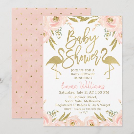 Roze Gouden Flamingo Baby Shower Uitnodiging (Voorkant / Achterkant)
