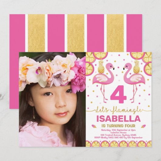 Roze Gouden Flamingo Verjaardag Tropisch Zwembadfe Kaart (Voorkant / Achterkant)
