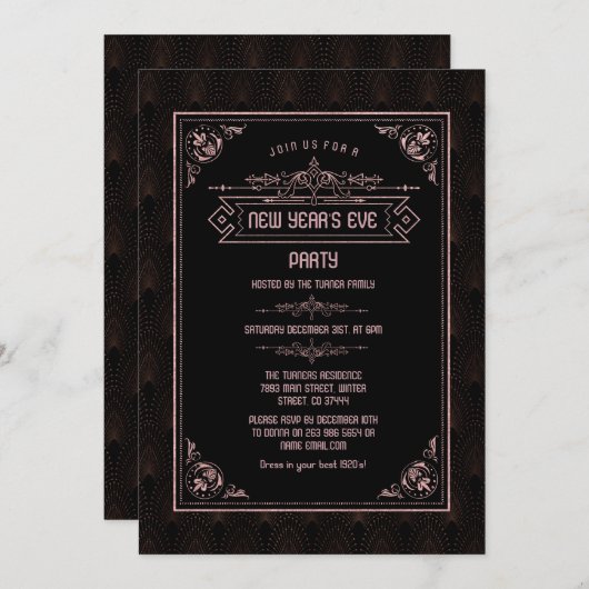 Roze Gouden Fleur-de-lis Art Deco Nieuwjaarsfeest Kaart (Voorkant / Achterkant)