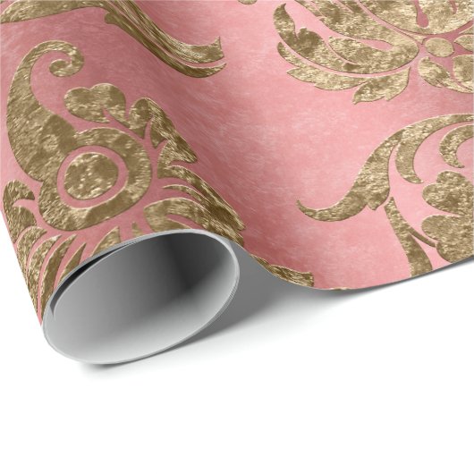 Roze & Gouden Fluweel Damast Vakantie Cadeaupapier (Rol Hoek)