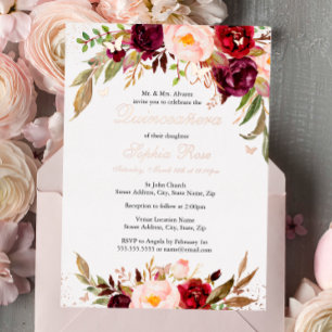 Roze Gouden FOIL Blush Burgundy Bloem Quinceanera Folie Uitnodiging