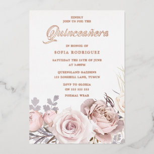 Roze Gouden Folie Blush Bloemen Quinceanera Feest Uitnodiging