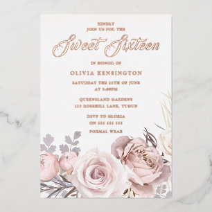 Roze Gouden Folie Blush Bloemen Sweet 16 Feestje Uitnodiging