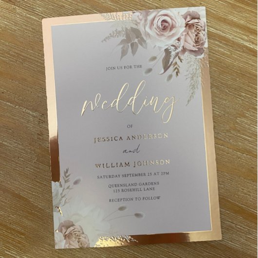 Roze Gouden Folie Rand Blush Bloemen Bruiloft Uitnodiging