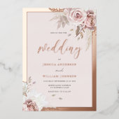 Roze Gouden Folie Rand Blush Bloemen Bruiloft Uitnodiging (Voorkant)