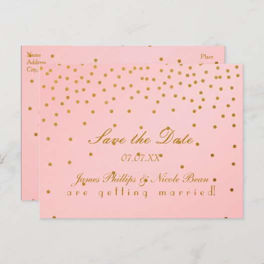 Roze & Gouden Folie Stippen Save The Date Postkaar Aankondigingskaart (Voorkant / Achterkant)