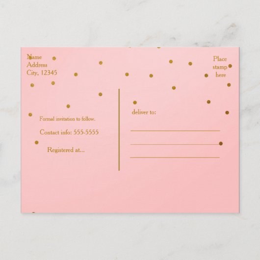 Roze & Gouden Folie Stippen Save The Date Postkaar Aankondigingskaart (Achterkant)