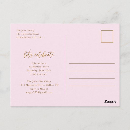 Roze & Gouden Foto Afstuderen Afstuderen Uitnodigi Briefkaart (Achterkant)