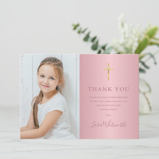 Roze Gouden Foto Eerste Heilige Communie Bedankkaart (Staand voorkant)