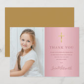 Roze Gouden Foto Eerste Heilige Communie Bedankkaart (Voorkant / Achterkant)