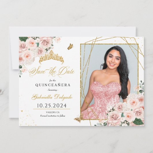 Roze & Gouden Fotokaart Quinceañera Sla de datum o Kaart (Voorkant)