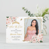 Roze & Gouden Fotokaart Quinceañera Sla de datum o Kaart (Staand voorkant)