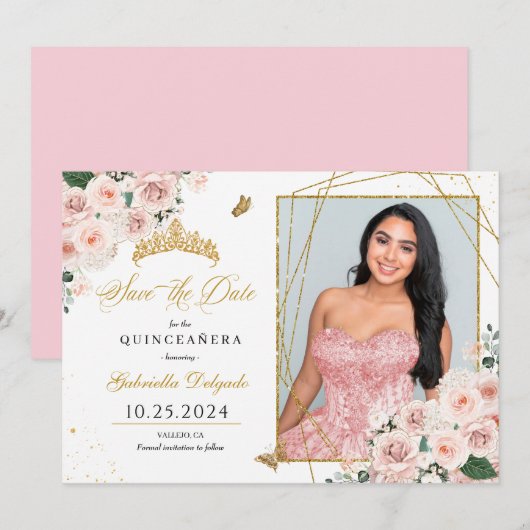 Roze & Gouden Fotokaart Quinceañera Sla de datum o Kaart (Voorkant / Achterkant)