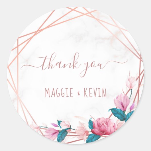 Roze gouden geometrisch frame met bloemen op marme ronde sticker (Voorkant)