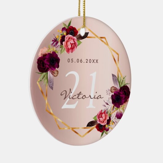 Roze gouden geometrische bordeauxrode bloemen chic keramisch ornament (Rechts)