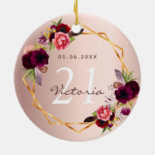 Roze gouden geometrische bordeauxrode bloemen chic keramisch ornament (Achterkant)