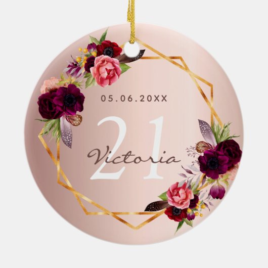 Roze gouden geometrische bordeauxrode bloemen chic keramisch ornament (Achterkant)