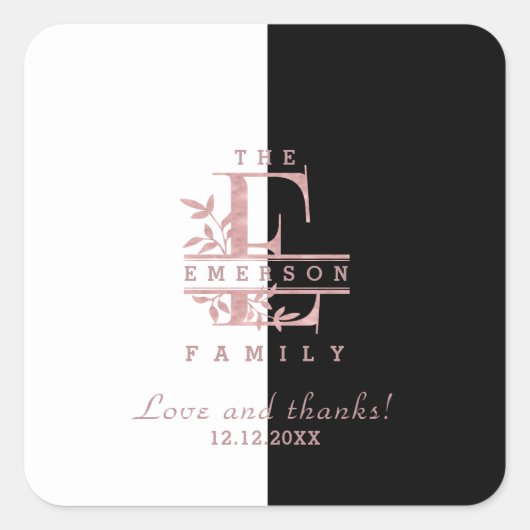 Roze Gouden Gesplitste Aangepaste Monogram E F G H Vierkante Sticker (Voorkant)