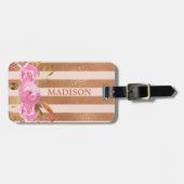 Roze Gouden Gestreepte Monogram Naam Bloemig Bagagelabel (Voorkant horizontaal)