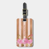 Roze Gouden Gestreepte Monogram Naam Bloemig Bagagelabel (Voorkant verticaal)