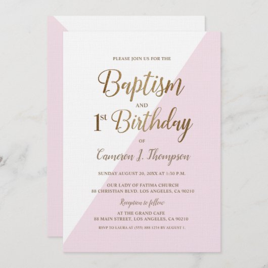 Roze Gouden Gezamenlijke Doop en 1e Verjaardag Kaart (Voorkant / Achterkant)