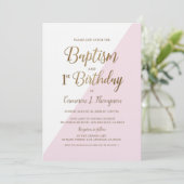 Roze Gouden Gezamenlijke Doop en 1e Verjaardag Kaart (Staand voorkant)