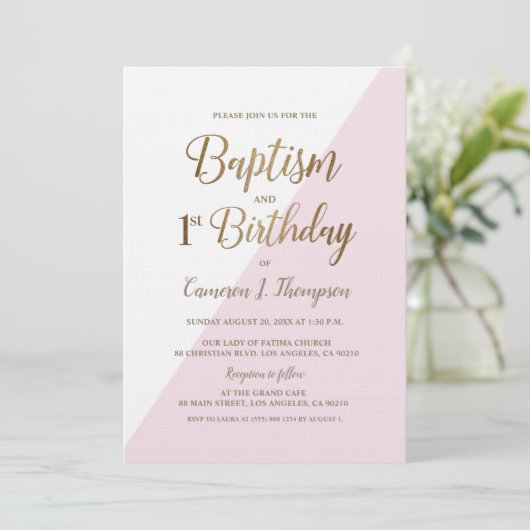 Roze Gouden Gezamenlijke Doop en 1e Verjaardag Kaart (Staand voorkant)