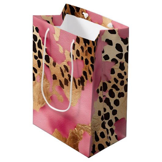 Roze Gouden Glam Luipaard Medium Cadeauzakje (Voorkant Gekanteld)