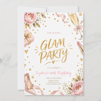 Roze Gouden Glamour Bloemige Verjaardagsfeest  Kaart